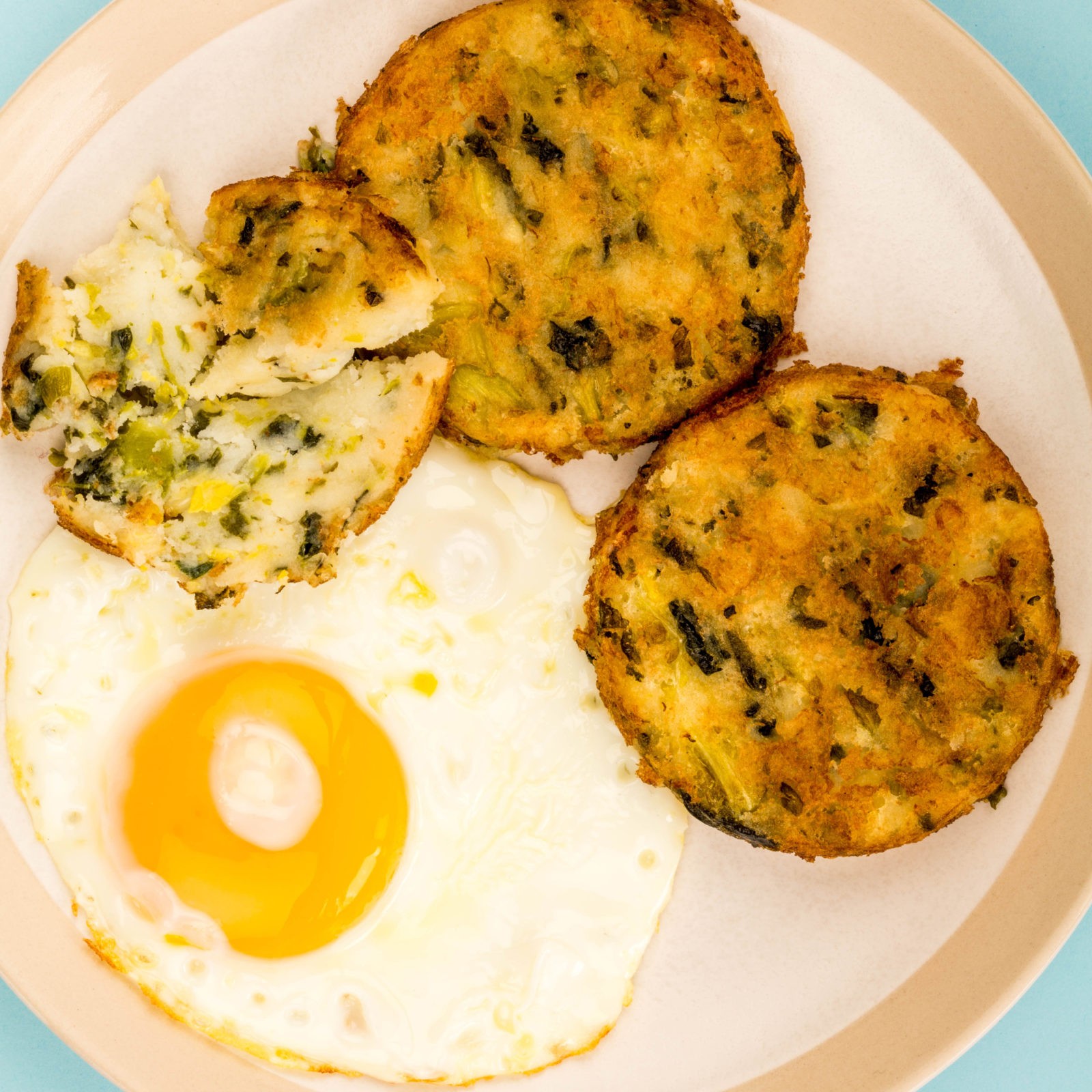 London typical food Cooked Vegetarian Bubble And Squeak Cakes With A Fried Egg