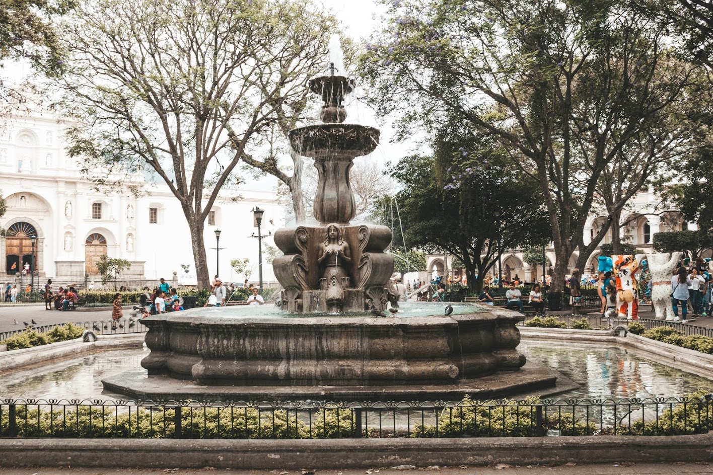 Central Square in antigua Guatemala with Cathedral at the Back