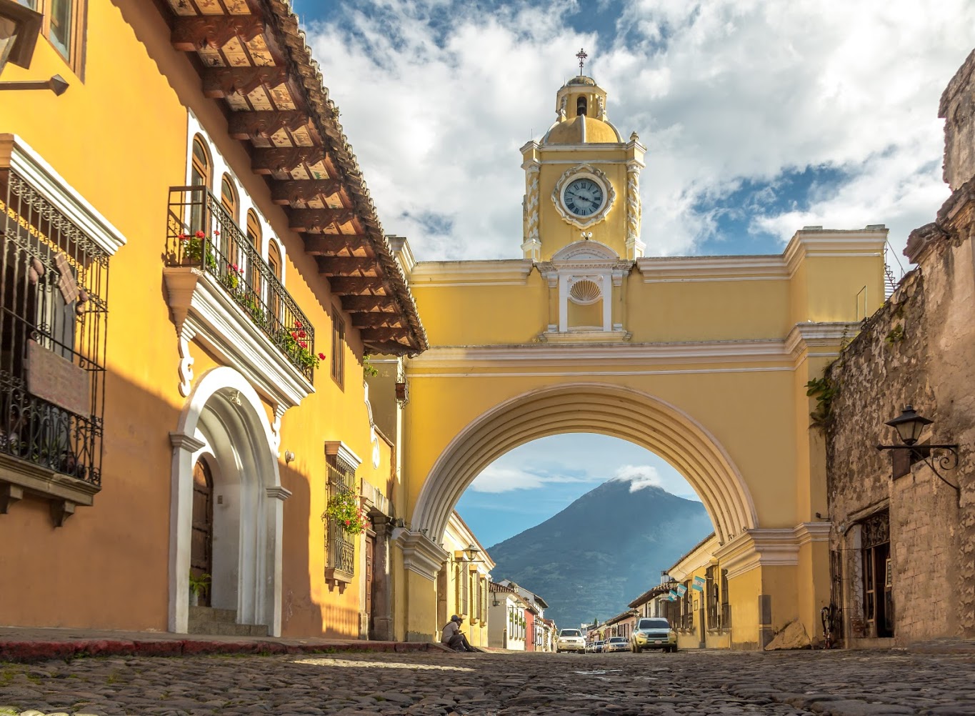 Yellow Arch in Antigua Guatemala with Agua Volcano in the Background