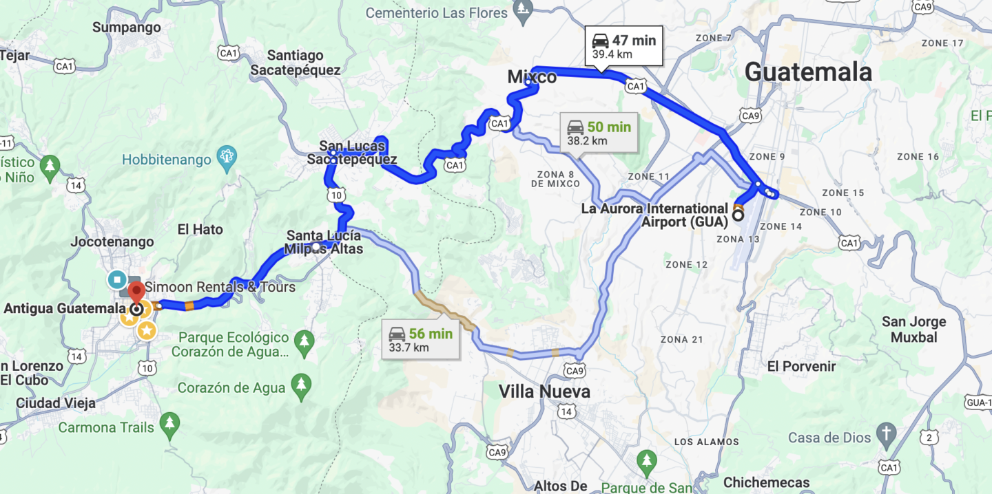 A map displaying different route options from Antigua to La Aurora International Airport in Guatemala.