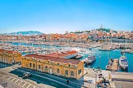A breathtaking view of the bustling harbor in Marseille, France.