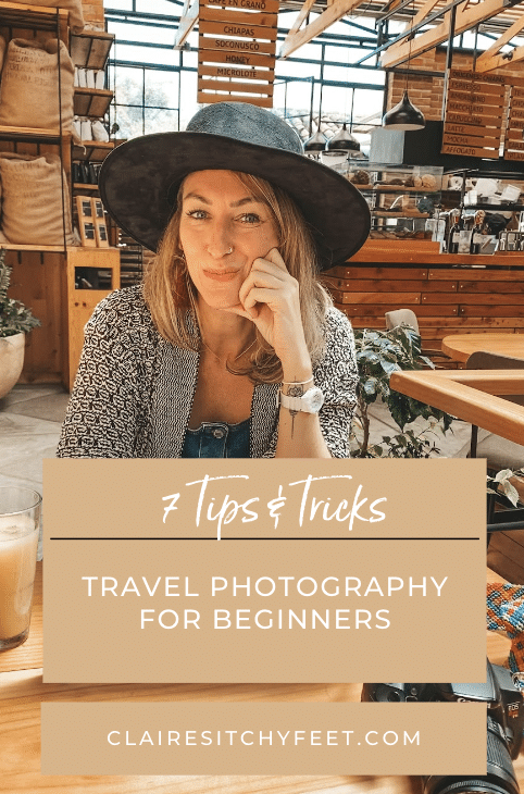 Woman in a wide-brimmed hat sitting at a table, with a text overlay about travel photography tips and tricks for beginners.