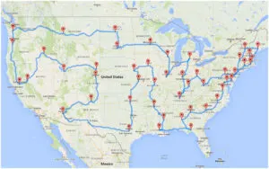 Map of United States showing major road trip routes