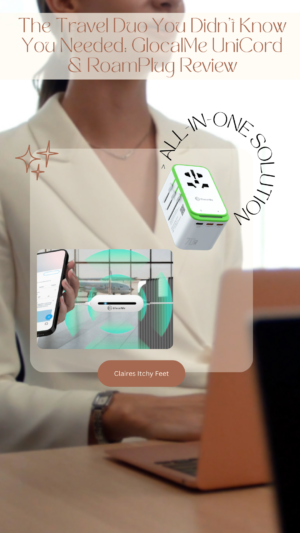 Businesswoman reviewing travel gadgets on smartphone