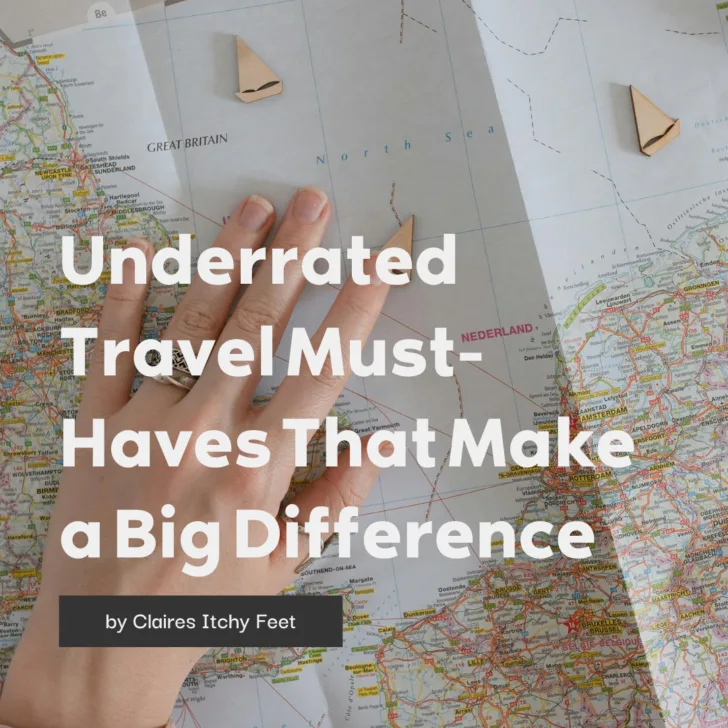 Hand pointing at a map of Europe with travel tips overlay