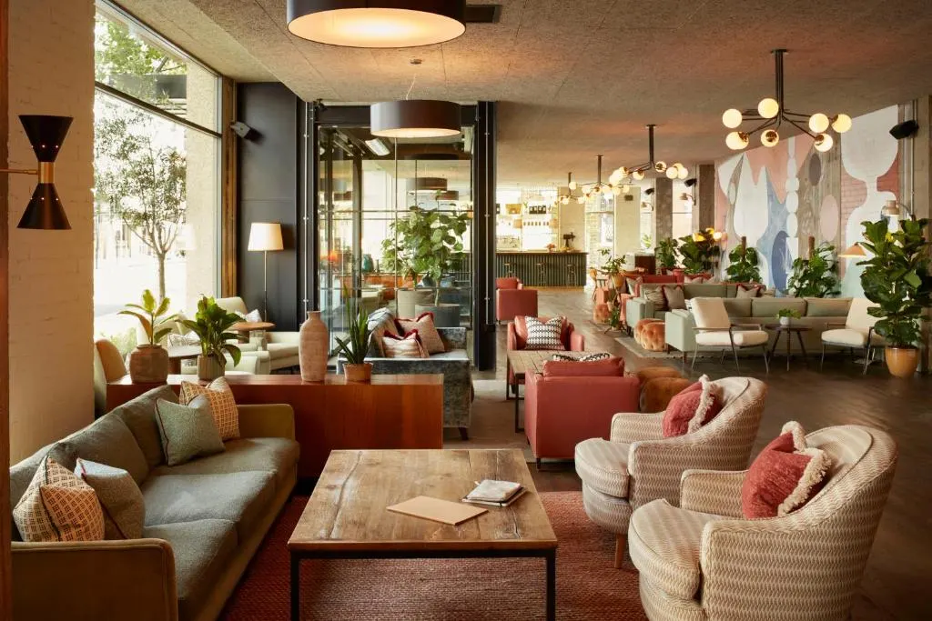 Cozy, modern lounge with stylish furniture and plants