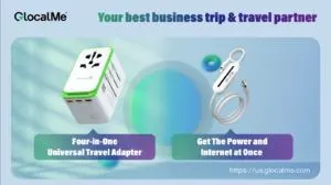 Promotional graphic for GlocalMe travel adapters and chargers.