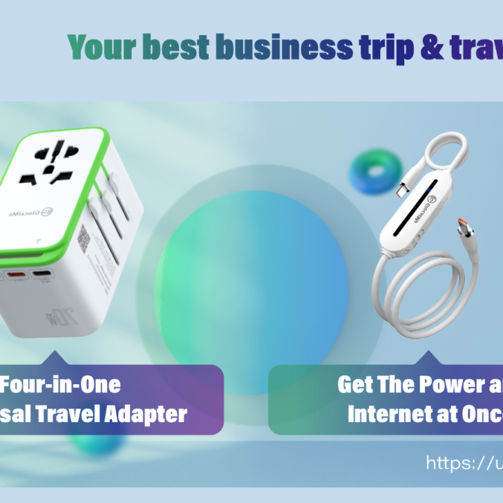 Promotional graphic for GlocalMe travel adapters and chargers.