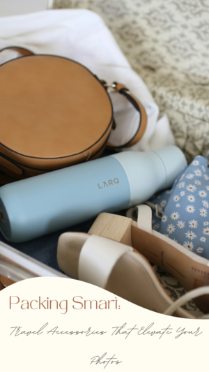 Travel essentials in suitcase including water bottle and shoes