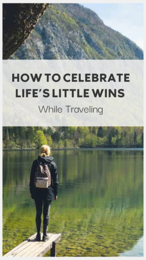 Woman celebrating quietly by a tranquil mountain lake