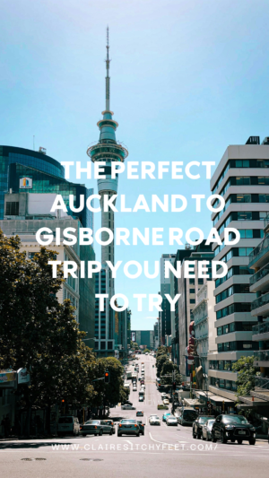 Auckland cityscape with Sky Tower and busy street