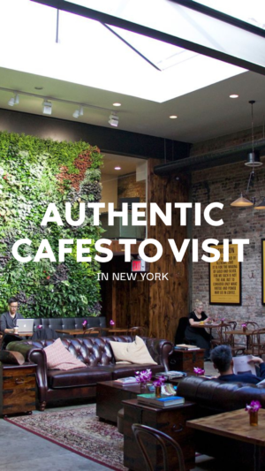 Hip New York cafe interior with lush green wall