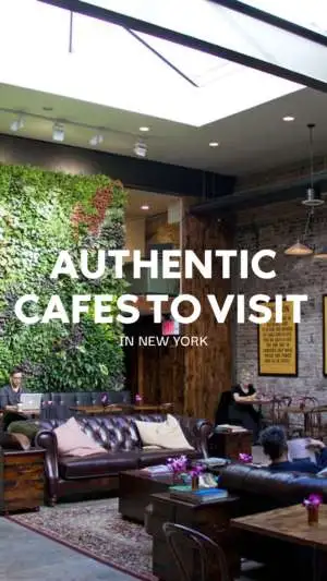 Hip New York cafe interior with lush green wall