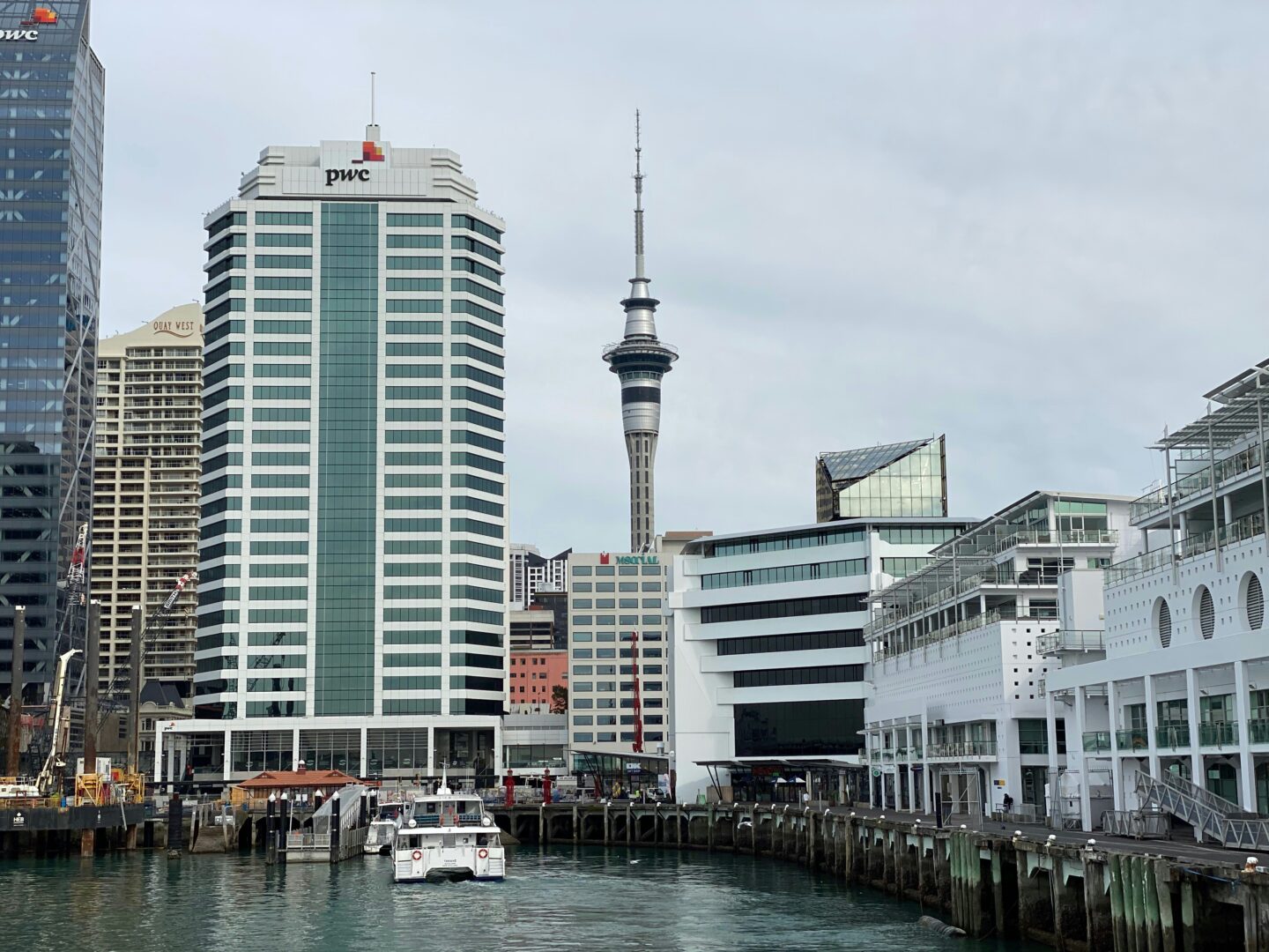 Auckland skyline with tower and modern buildings at waterfront