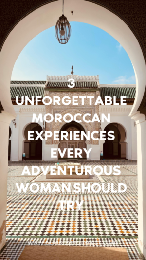 Moroccan courtyard through arched doorway with text overlay