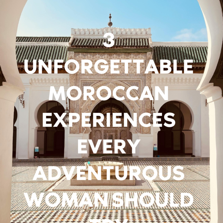 Moroccan courtyard through arched doorway with text overlay