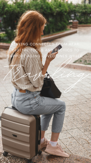 Woman using smartphone while sitting on suitcase outdoors