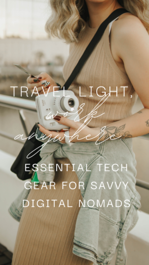 Woman holding camera with travel tech gear text overlay