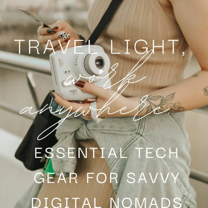 Woman holding camera with travel tech gear text overlay