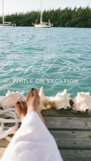 Feet with seashells, ocean view, inspirational vacation text
