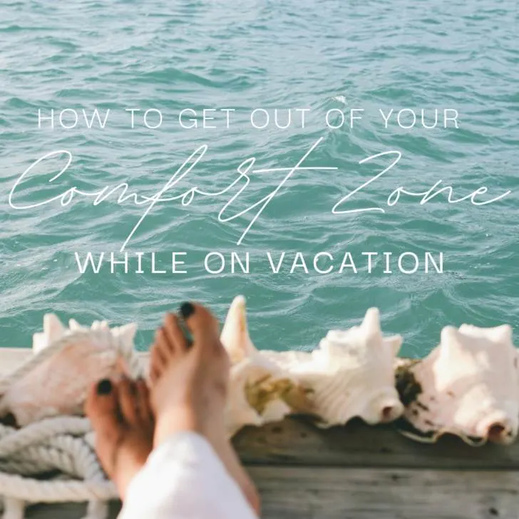 Feet with seashells, ocean view, inspirational vacation text