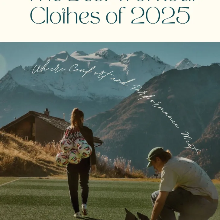 Fashionable outdoor workout apparel photoshoot with mountain backdrop