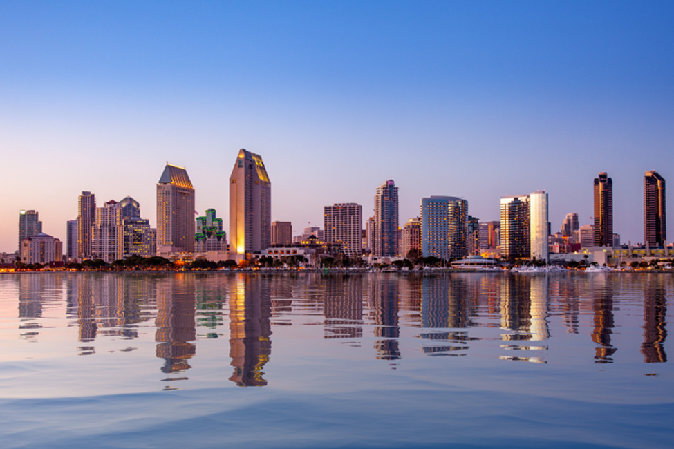 San Diego skyline reflection at twilight