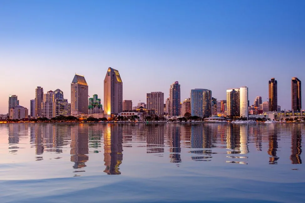 San Diego skyline reflection at twilight