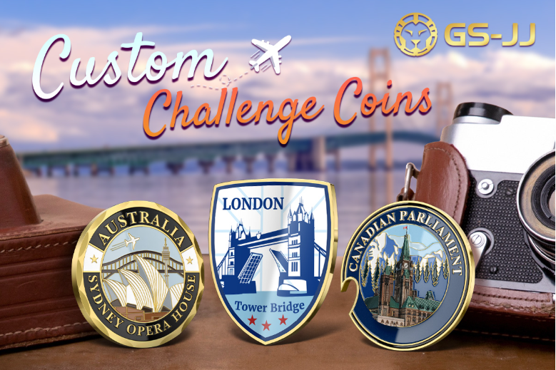 Custom challenge coins featuring Sydney Opera House, Tower Bridge, and Canadian Parliament.
