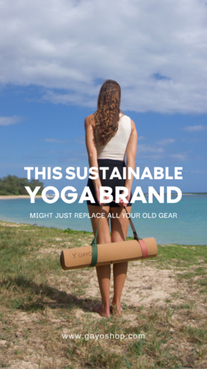Woman with yoga mat promotes sustainable yoga brand.