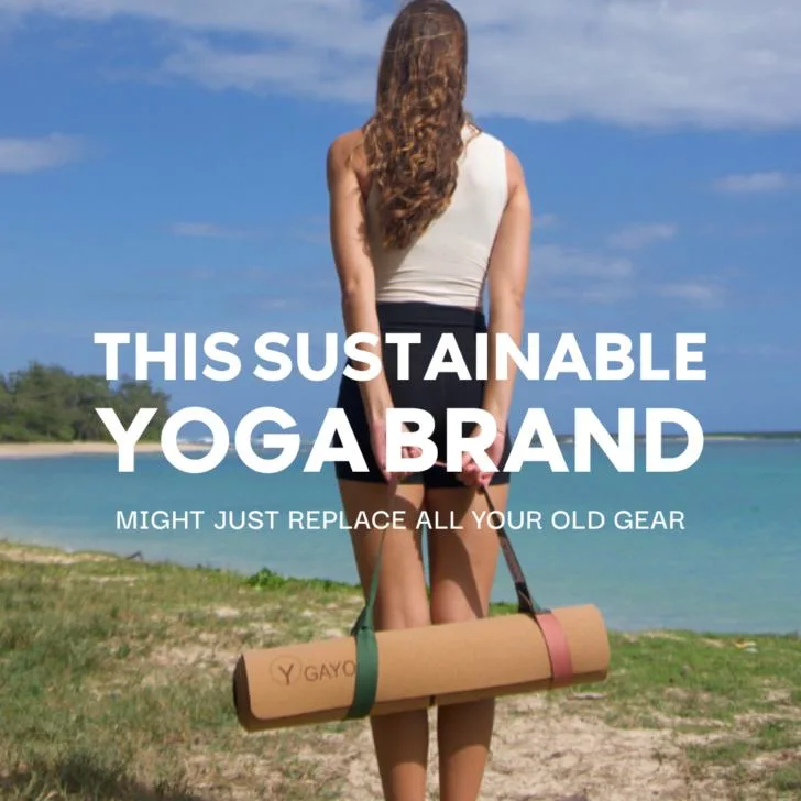 Woman with yoga mat promotes sustainable yoga brand.