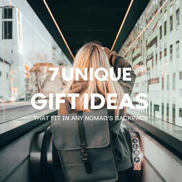 Woman on escalator promoting 7 unique nomadic gift ideas