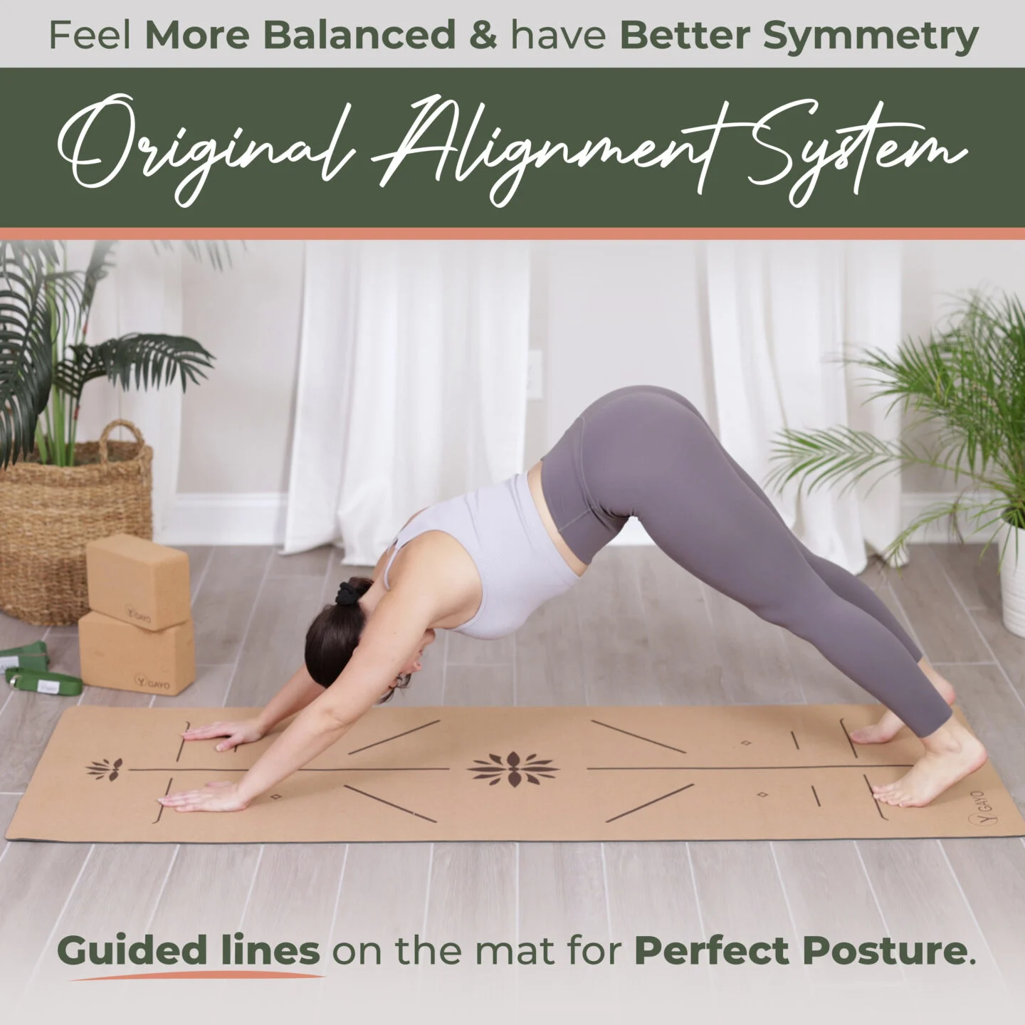 Woman practices yoga on aligned mat for perfect posture