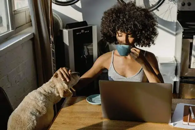 Woman drinking coffee while petting dog beside laptop