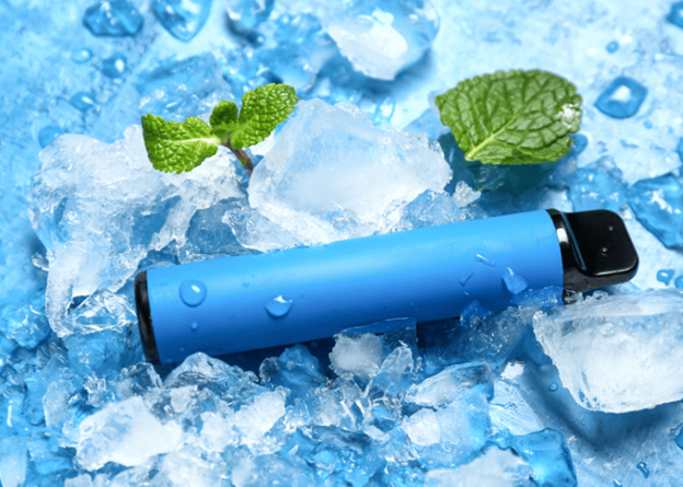 Blue portable bottle on crushed ice with mint leaves