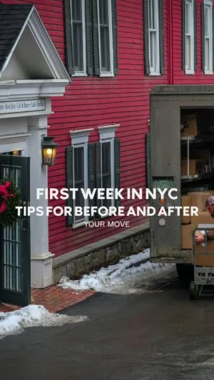 Red building, moving truck unloading, snowy day