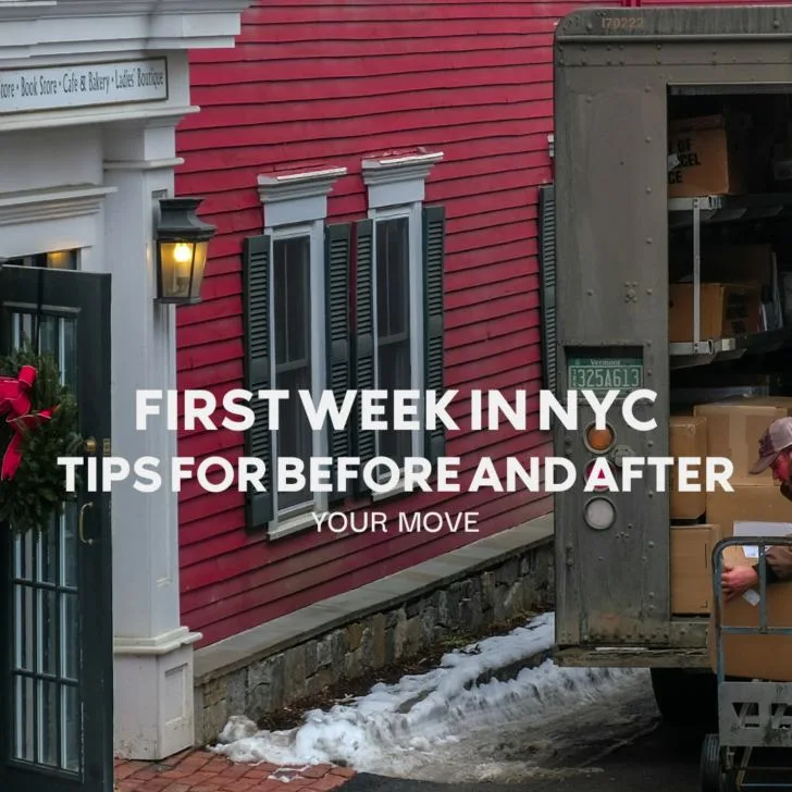 Red building, moving truck unloading, snowy day