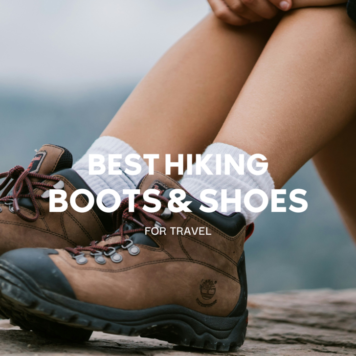 Hiking boots on traveler's feet outdoors