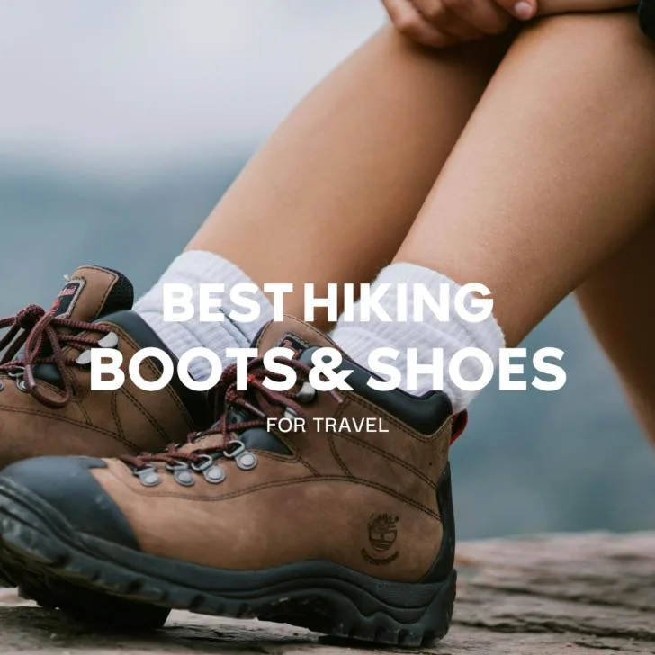 Hiking boots on traveler's feet outdoors