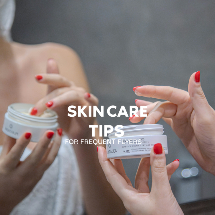 Woman applying face cream, skin care tips text overlay