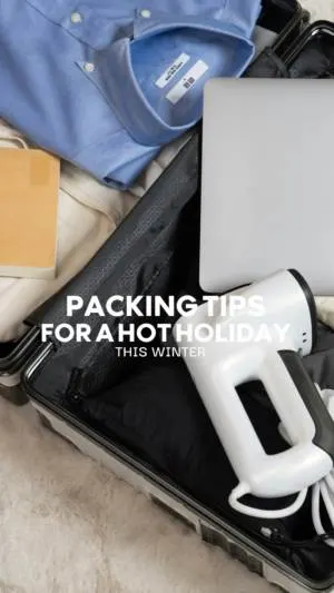 Winter vacation packing guide with clothes and laptop