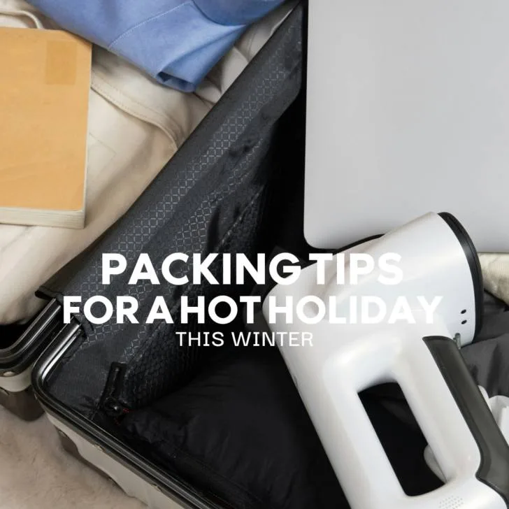 Winter vacation packing guide with clothes and laptop