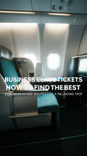 Business class airplane cabin seats with promotional text
