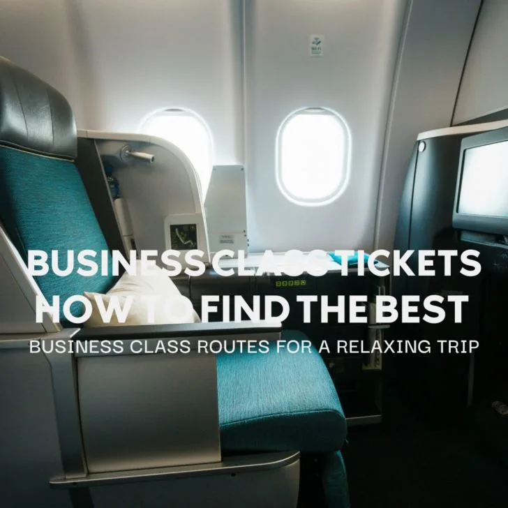 Business class airplane cabin seats with promotional text