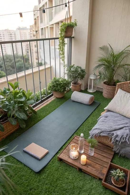 Cozy balcony with plants, yoga mat, and relaxing decor