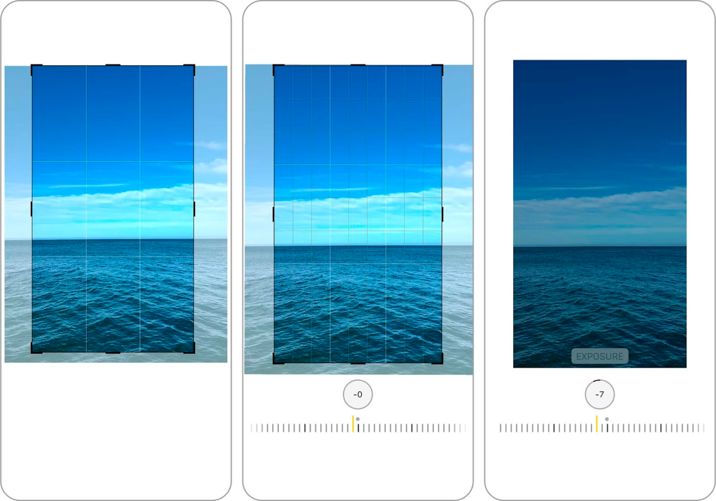 Smartphone screens displaying ocean photography exposure adjustments