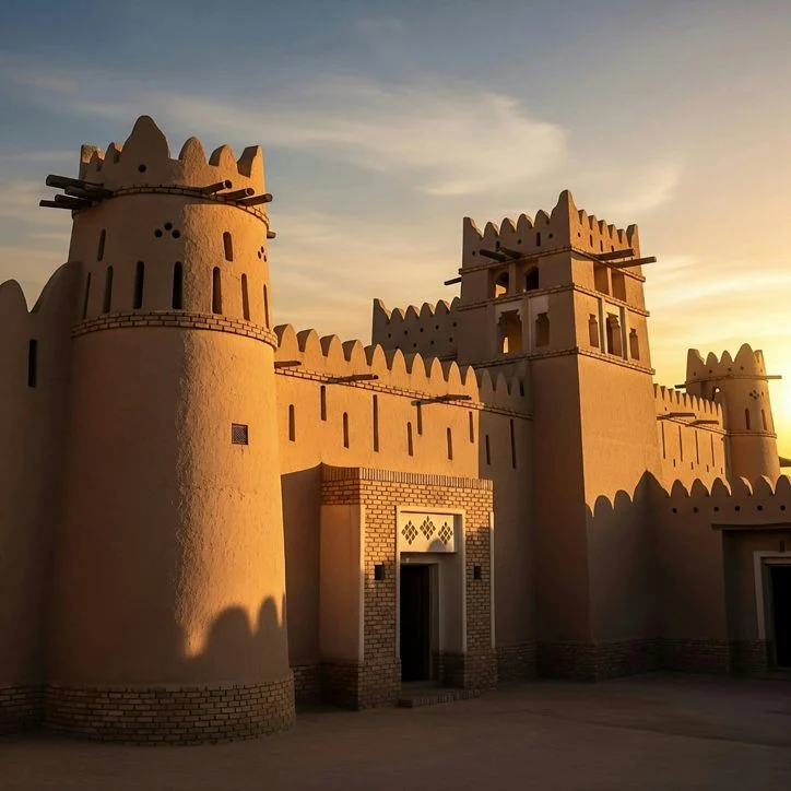 Sunlit traditional sandcastle-like fortress at dusk