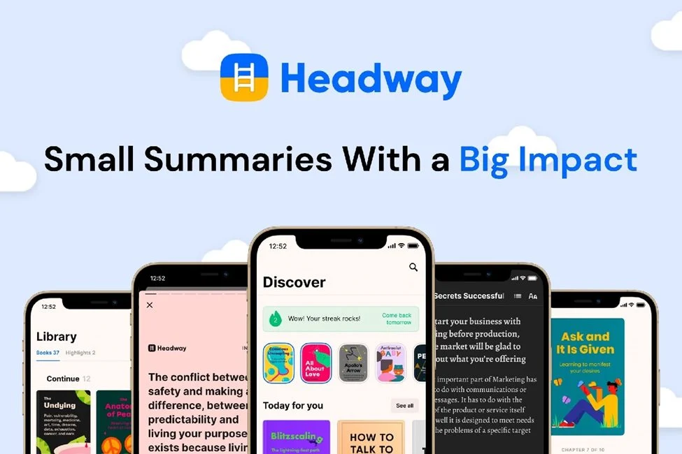 Smartphones displaying Headway app interface with textual summaries