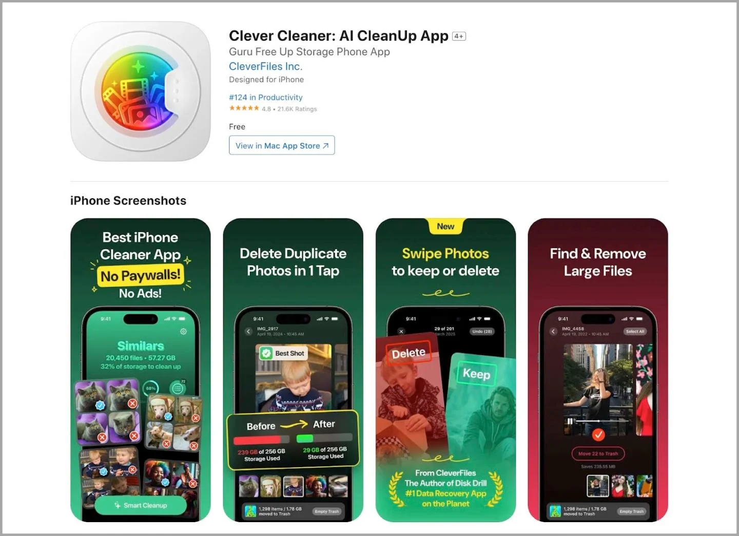 Screenshots of Clever Cleaner AI phone storage app
