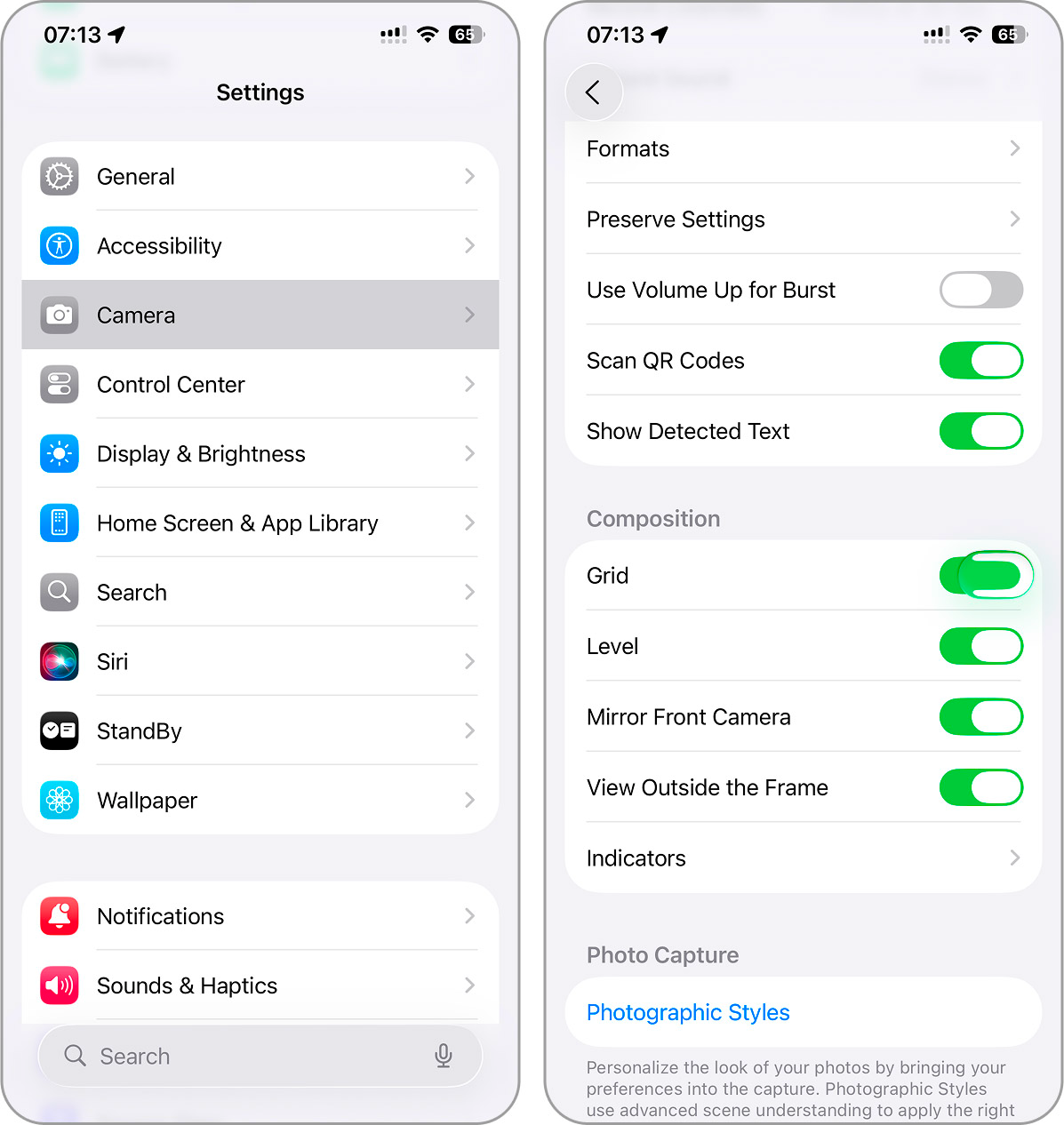 Smartphone settings and camera options screens